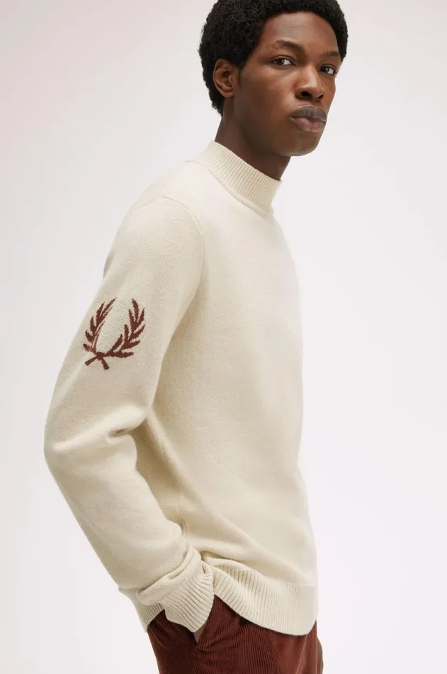 Men Knitwear Fred Perry Laurel Wreath Mock Neck Jumper Oatmeal