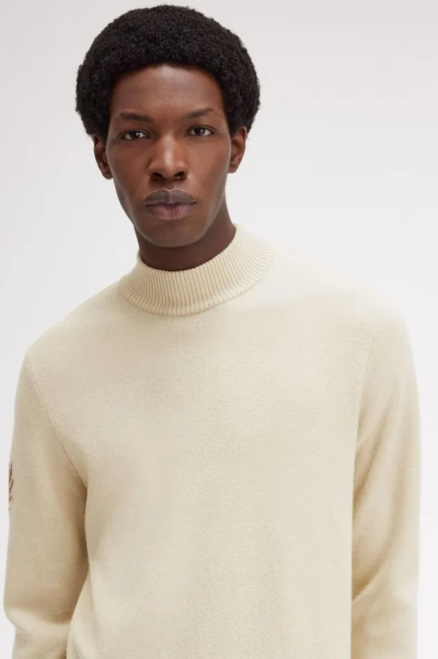 Men Knitwear Fred Perry Laurel Wreath Mock Neck Jumper Oatmeal