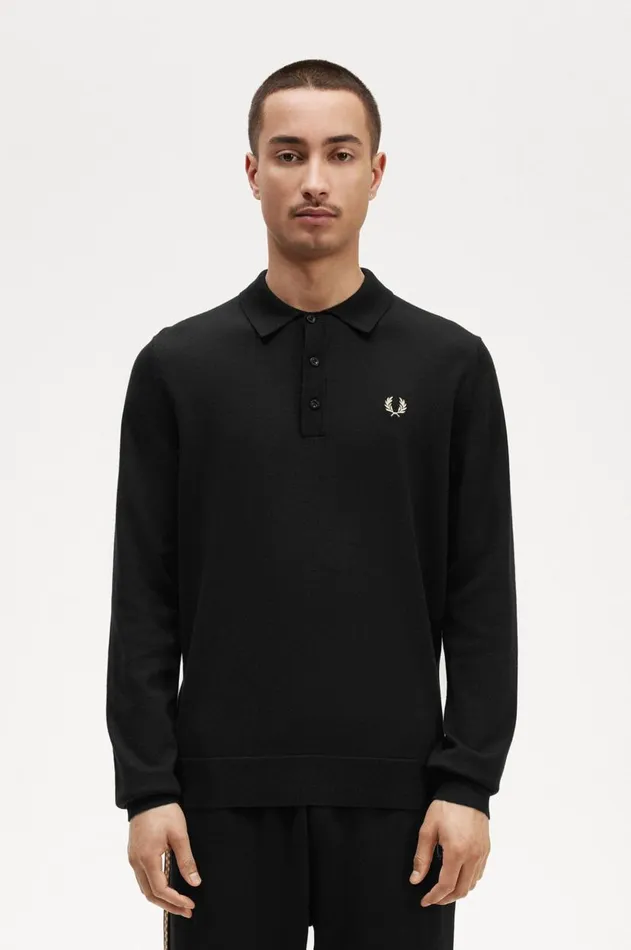 Men Knitwear Fred Perry Long Sleeve Knitted Shirt Black