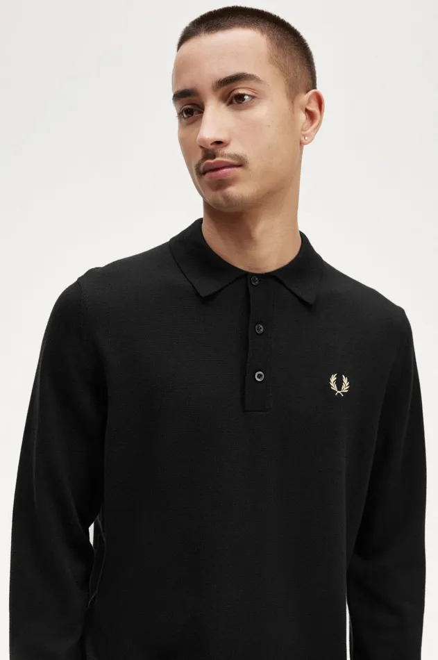 Men Knitwear Fred Perry Long Sleeve Knitted Shirt Black