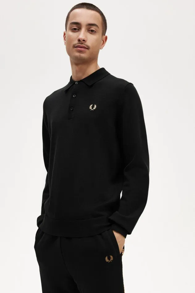 Men Knitwear Fred Perry Long Sleeve Knitted Shirt Black