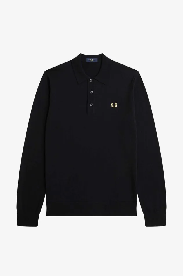 Men Knitwear Fred Perry Long Sleeve Knitted Shirt Black