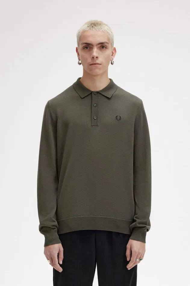 Men Knitwear Fred Perry Long Sleeve Knitted Shirt Field Green