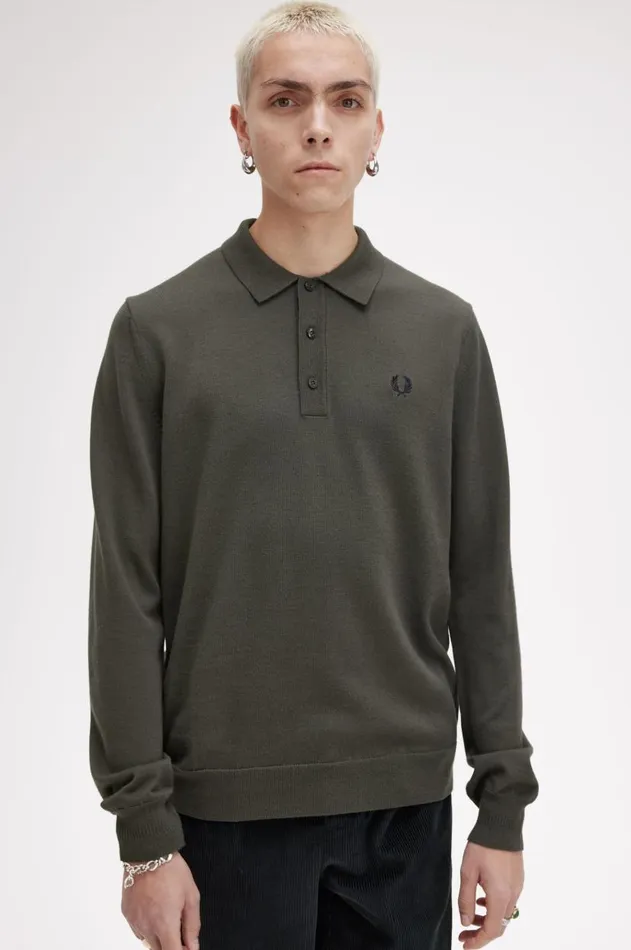 Men Knitwear Fred Perry Long Sleeve Knitted Shirt Field Green