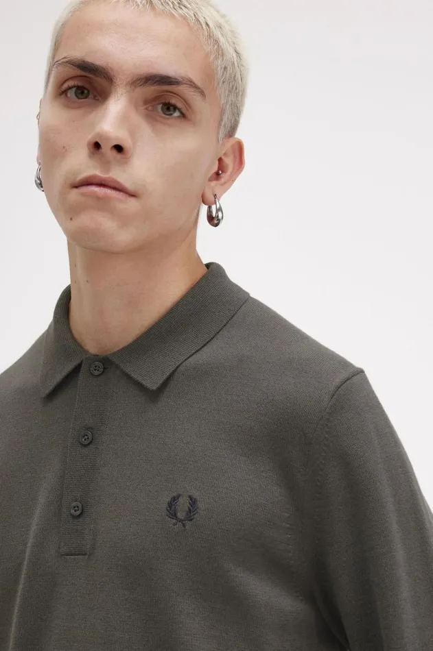 Men Knitwear Fred Perry Long Sleeve Knitted Shirt Field Green