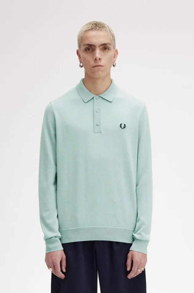 Men Knitwear Fred Perry Long Sleeve Knitted Shirt Silver Blue