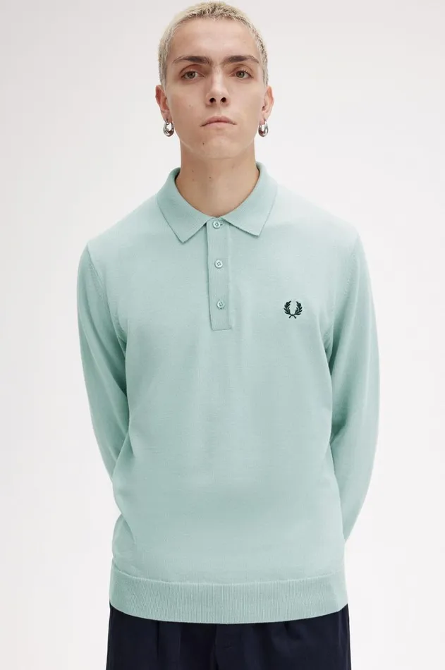 Men Knitwear Fred Perry Long Sleeve Knitted Shirt Silver Blue