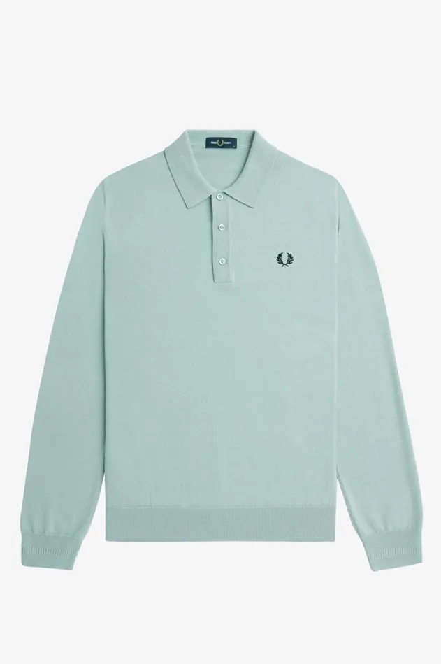 Men Knitwear Fred Perry Long Sleeve Knitted Shirt Silver Blue