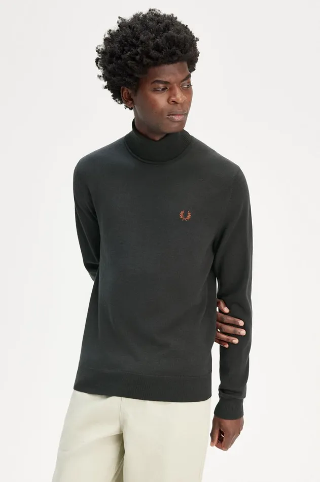 Men Knitwear Fred Perry Roll Neck Jumper Night Greensnow White