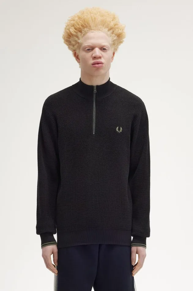 Men Knitwear Fred Perry Waffle Stitch Half Zip Jumper Black