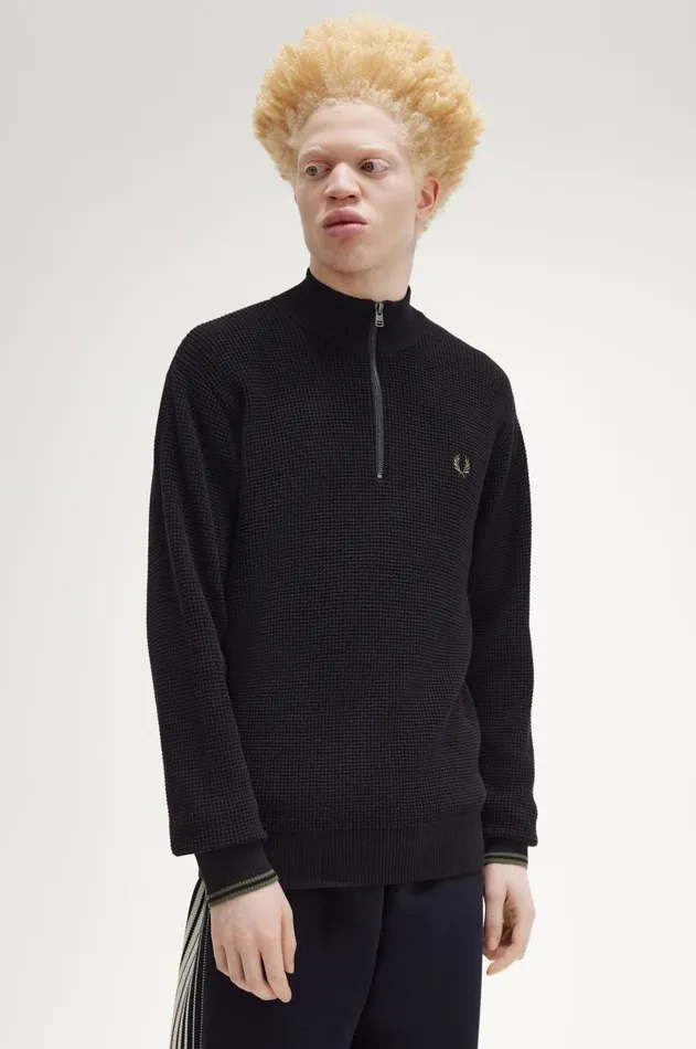 Men Knitwear Fred Perry Waffle Stitch Half Zip Jumper Black