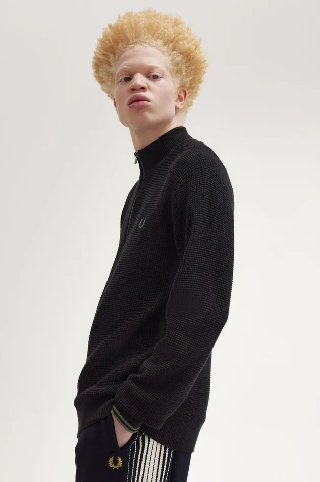 Men Knitwear Fred Perry Waffle Stitch Half Zip Jumper Black
