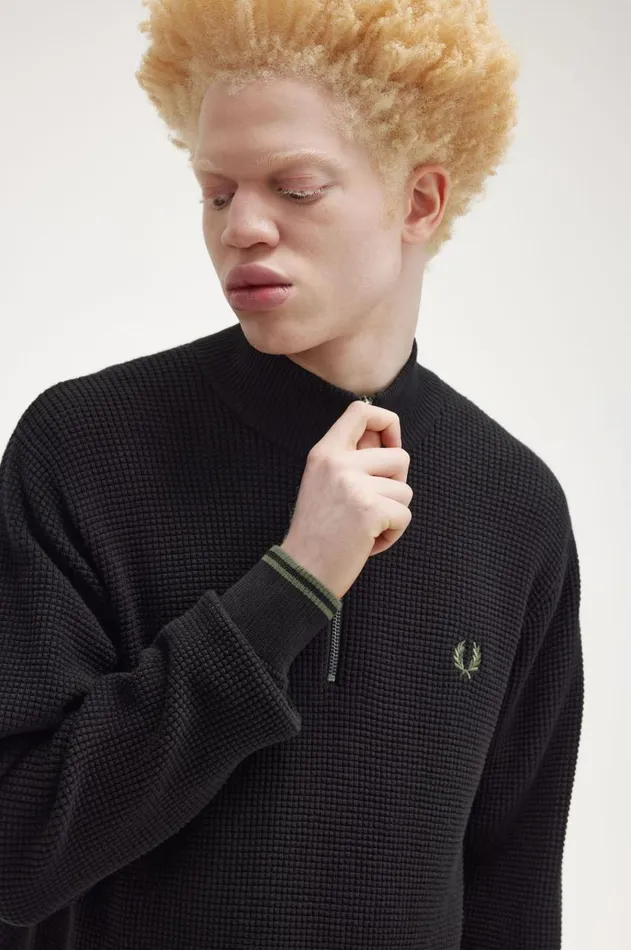 Men Knitwear Fred Perry Waffle Stitch Half Zip Jumper Black