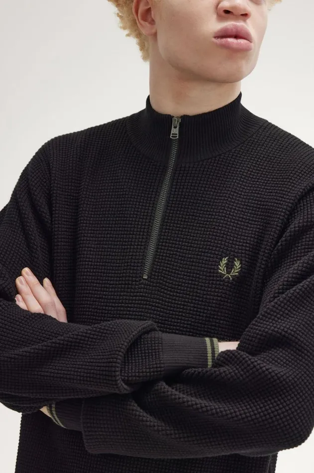 Men Knitwear Fred Perry Waffle Stitch Half Zip Jumper Black