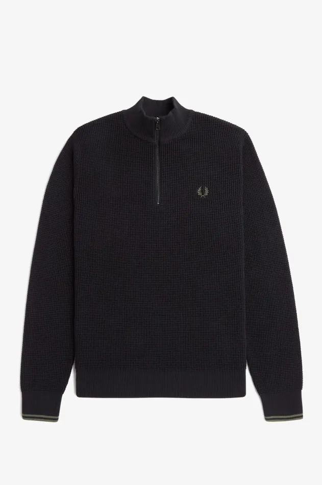 Men Knitwear Fred Perry Waffle Stitch Half Zip Jumper Black