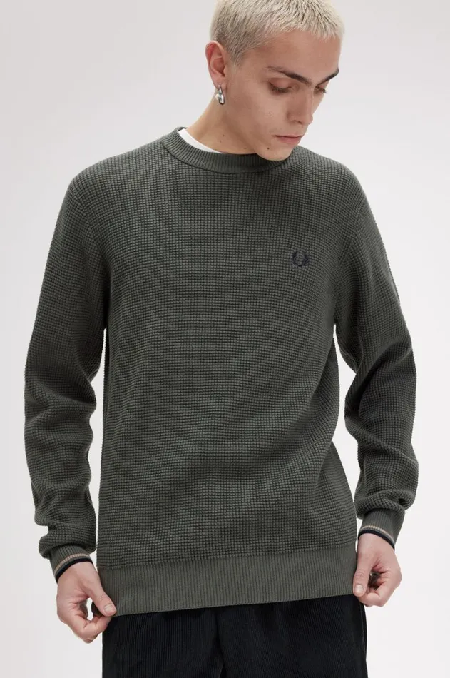 Men Knitwear Fred Perry Waffle Stitch Jumper Field Green