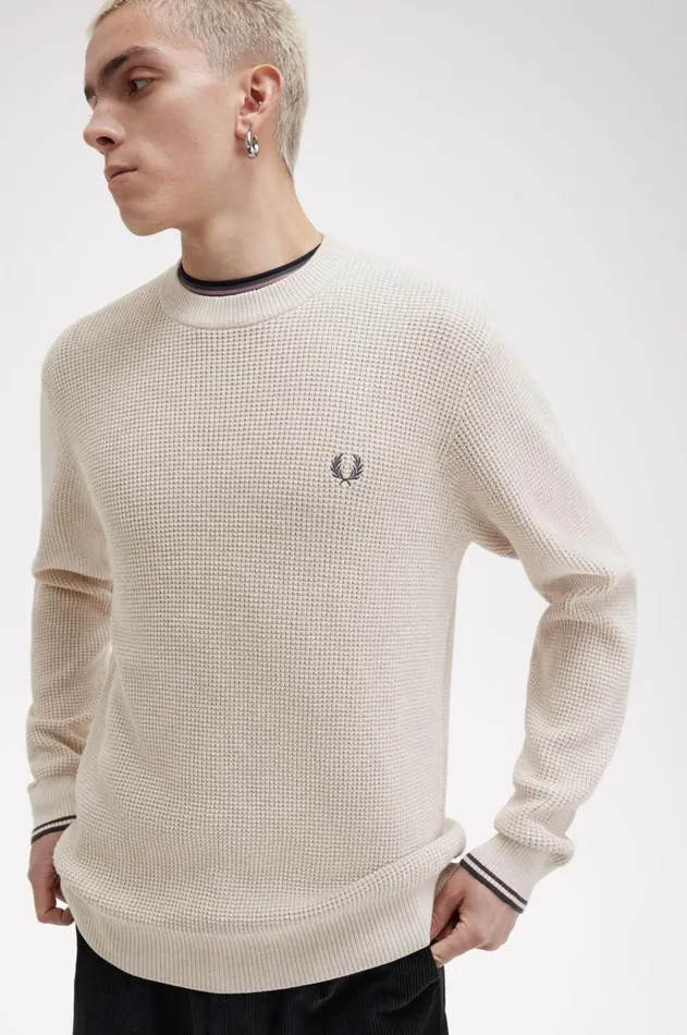 Men Knitwear Fred Perry Waffle Stitch Jumper Porridge Marl