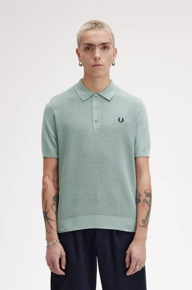 Men Knitwear Fred Perry Waffle Stitch Knitted Shirt Silver Blue