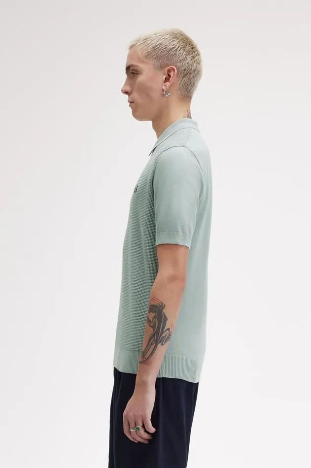 Men Knitwear Fred Perry Waffle Stitch Knitted Shirt Silver Blue