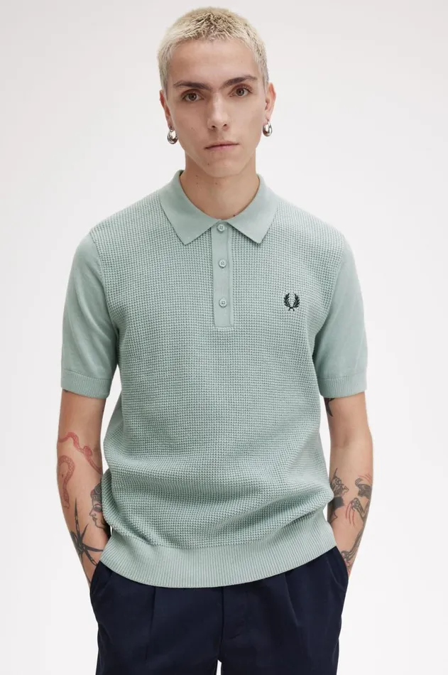 Men Knitwear Fred Perry Waffle Stitch Knitted Shirt Silver Blue