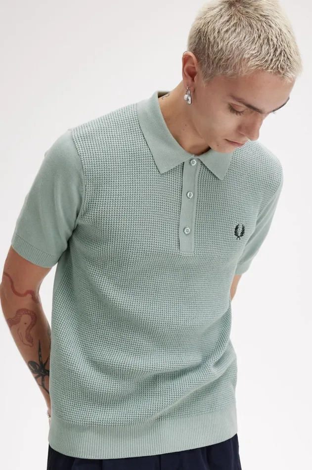 Men Knitwear Fred Perry Waffle Stitch Knitted Shirt Silver Blue