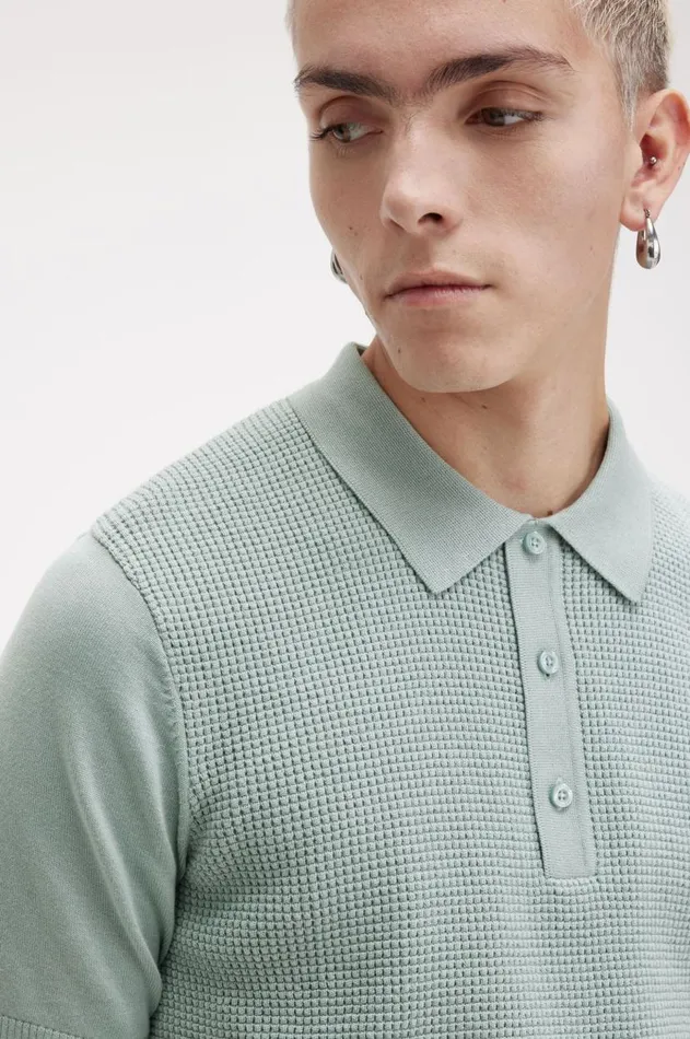 Men Knitwear Fred Perry Waffle Stitch Knitted Shirt Silver Blue