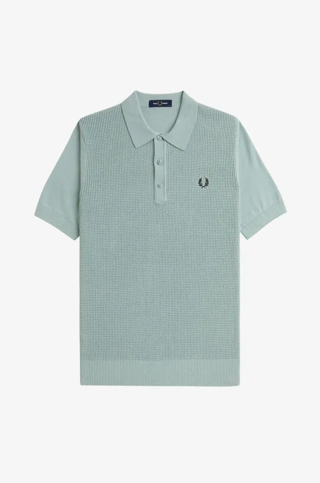 Men Knitwear Fred Perry Waffle Stitch Knitted Shirt Silver Blue