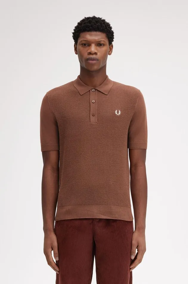 Men Knitwear Fred Perry Waffle Stitch Knitted Shirt Whisky Brown