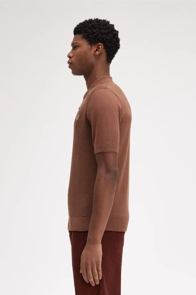 Men Knitwear Fred Perry Waffle Stitch Knitted Shirt Whisky Brown