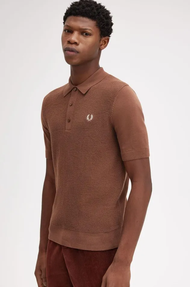 Men Knitwear Fred Perry Waffle Stitch Knitted Shirt Whisky Brown