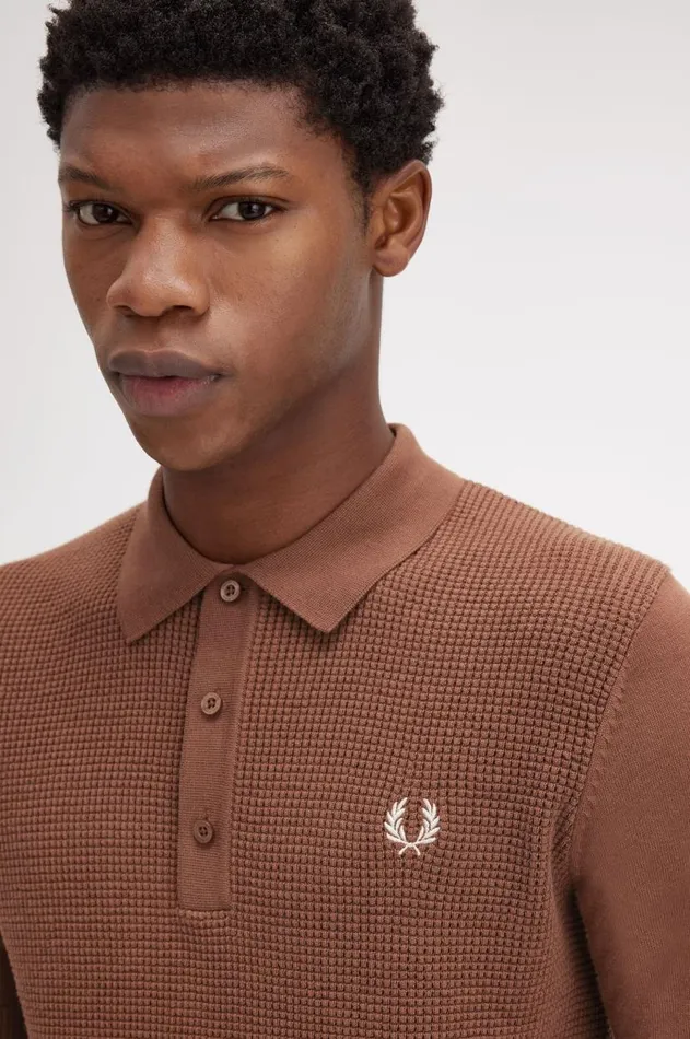 Men Knitwear Fred Perry Waffle Stitch Knitted Shirt Whisky Brown