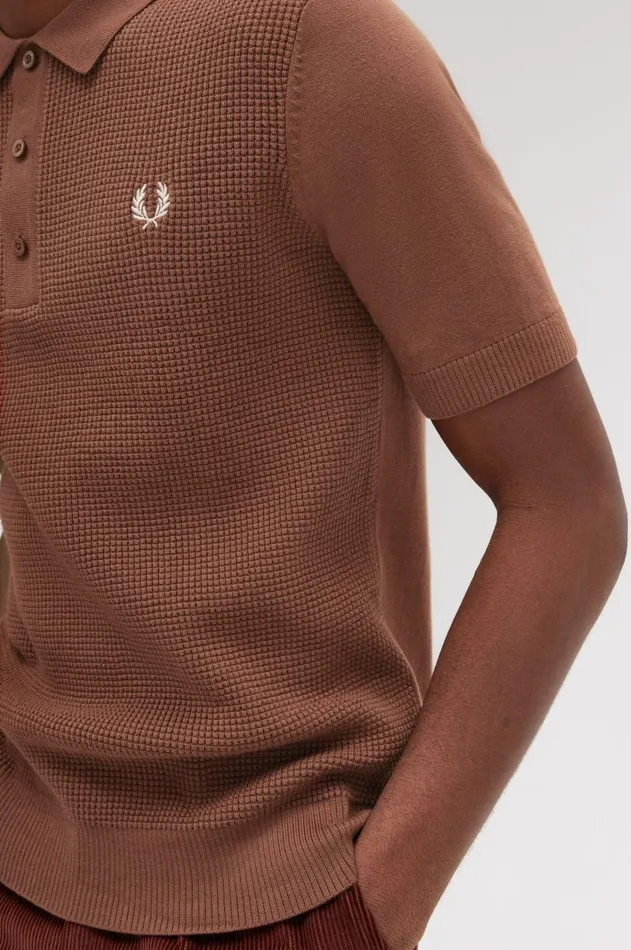 Men Knitwear Fred Perry Waffle Stitch Knitted Shirt Whisky Brown