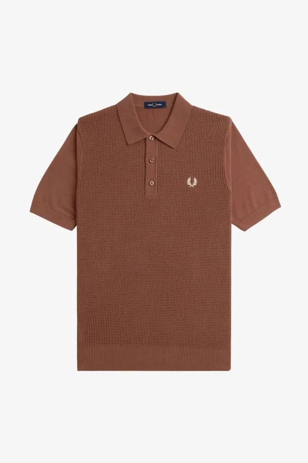 Men Knitwear Fred Perry Waffle Stitch Knitted Shirt Whisky Brown