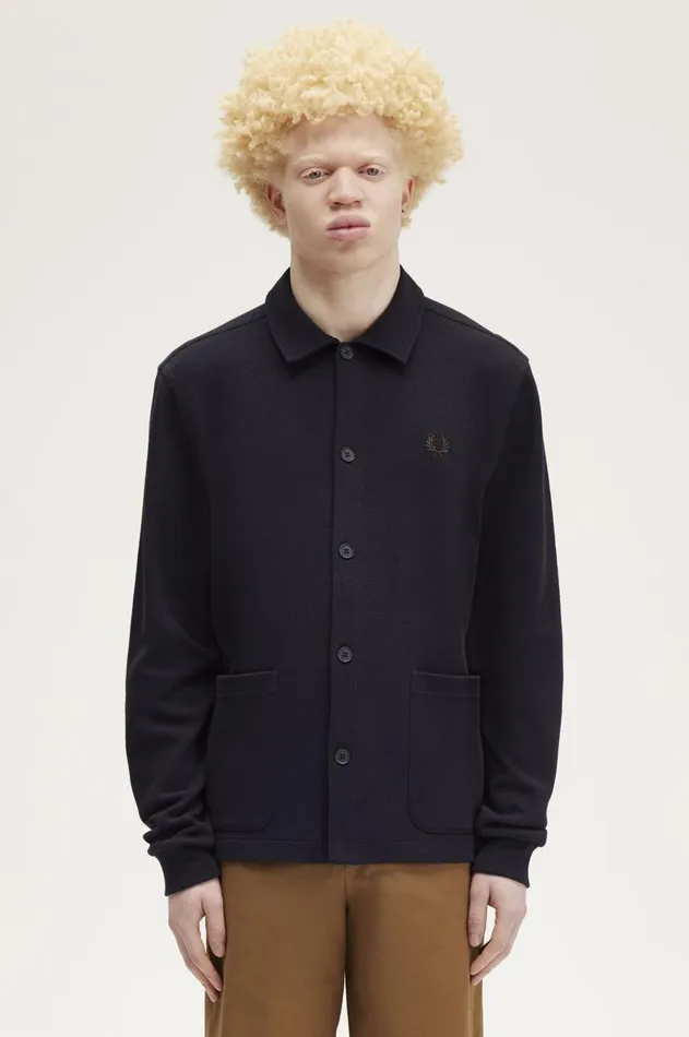Men Polo Shirts Fred Perry Button Through Long Sleeve Polo Shirt Navy