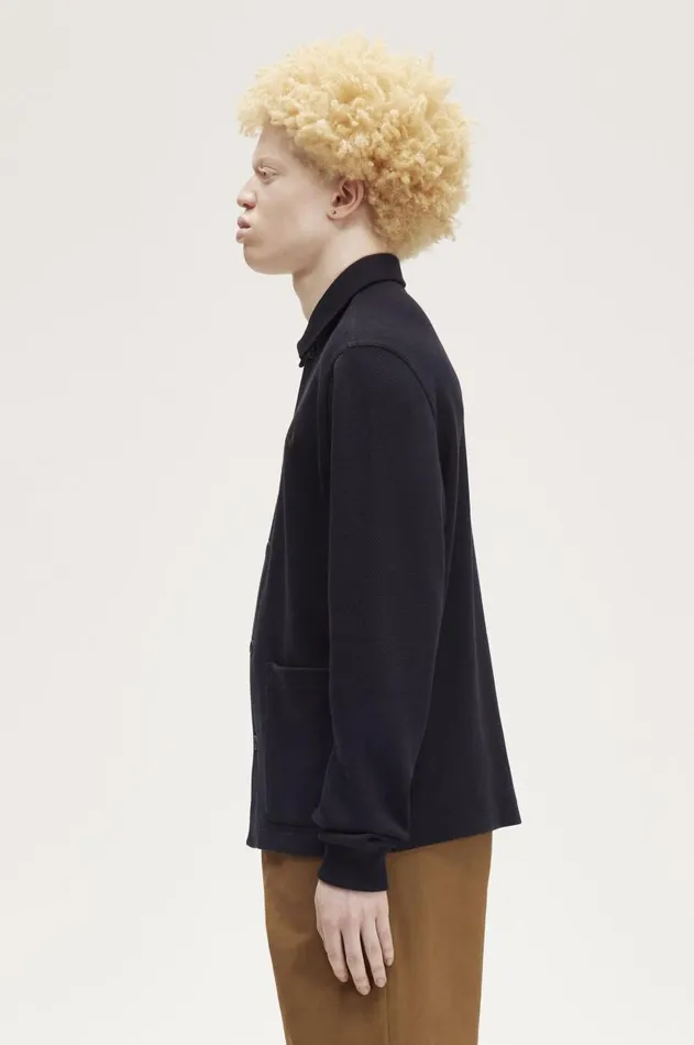 Men Polo Shirts Fred Perry Button Through Long Sleeve Polo Shirt Navy
