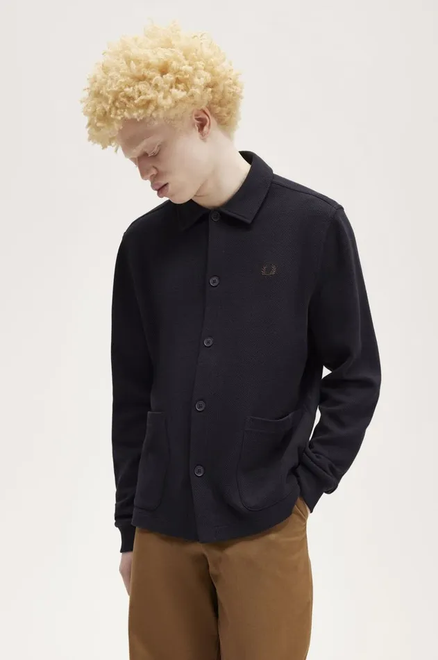Men Polo Shirts Fred Perry Button Through Long Sleeve Polo Shirt Navy