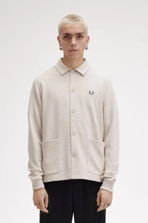 Men Polo Shirts Fred Perry Button Through Long Sleeve Polo Shirt Porridge Marl
