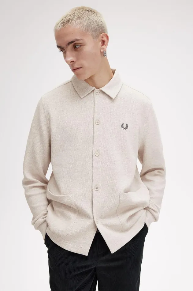 Men Polo Shirts Fred Perry Button Through Long Sleeve Polo Shirt Porridge Marl