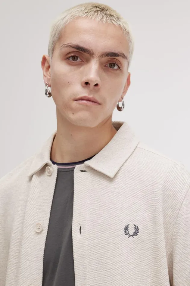 Men Polo Shirts Fred Perry Button Through Long Sleeve Polo Shirt Porridge Marl