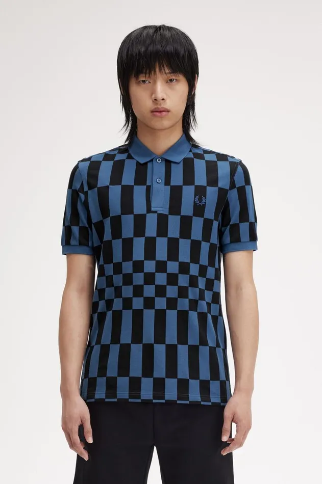 Men Polo Shirts Fred Perry Chequerboard Print Fred Perry Shirt Blackmidnight Blue