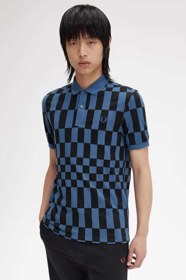 Men Polo Shirts Fred Perry Chequerboard Print Fred Perry Shirt Blackmidnight Blue