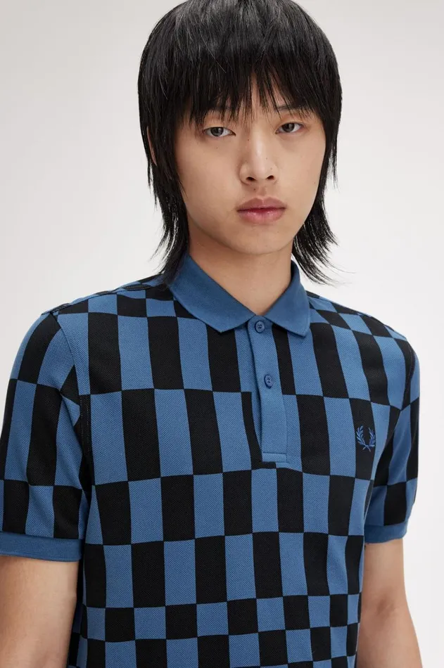 Men Polo Shirts Fred Perry Chequerboard Print Fred Perry Shirt Blackmidnight Blue