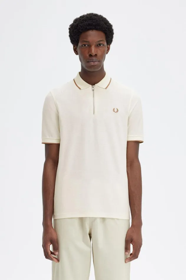 Men Polo Shirts Fred Perry Crepe Piqu Zip Neck Polo Shirt Ecru