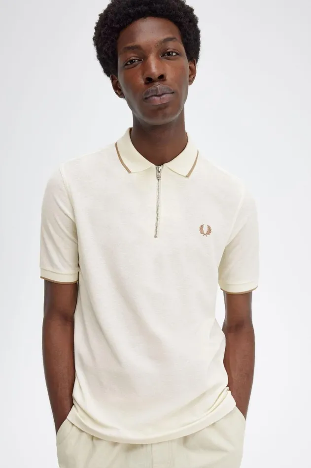 Men Polo Shirts Fred Perry Crepe Piqu Zip Neck Polo Shirt Ecru
