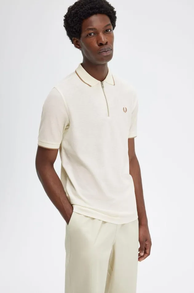 Men Polo Shirts Fred Perry Crepe Piqu Zip Neck Polo Shirt Ecru