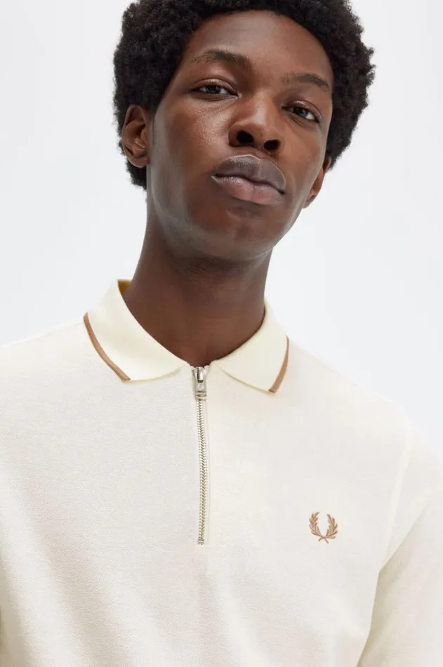 Men Polo Shirts Fred Perry Crepe Piqu Zip Neck Polo Shirt Ecru