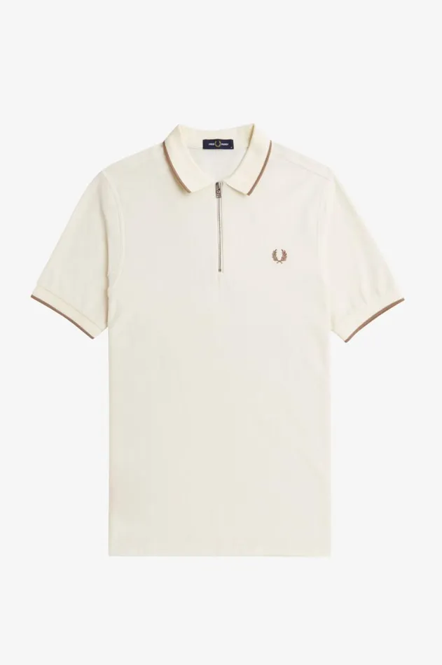 Men Polo Shirts Fred Perry Crepe Piqu Zip Neck Polo Shirt Ecru