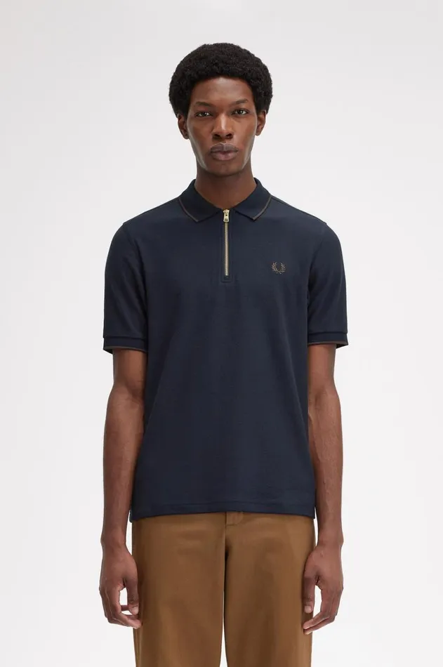 Men Polo Shirts Fred Perry Crepe Piqu Zip Neck Polo Shirt Navy