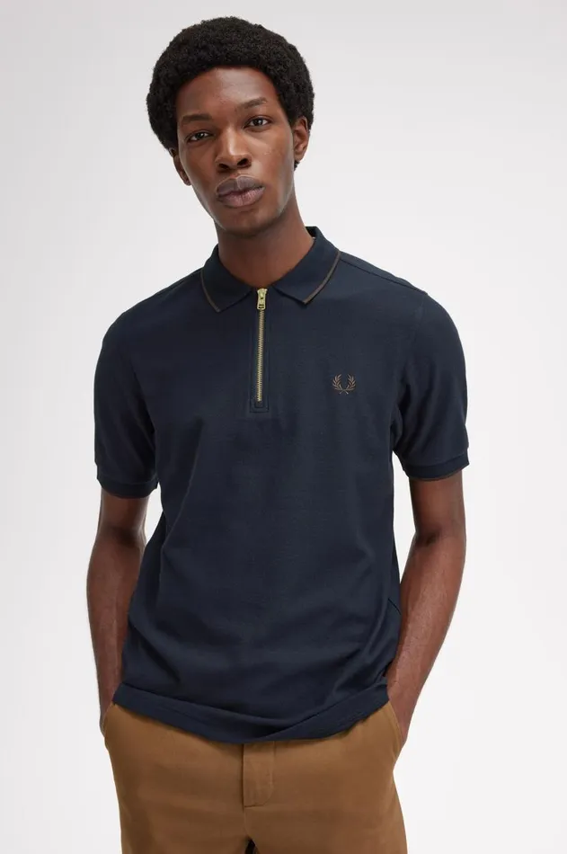 Men Polo Shirts Fred Perry Crepe Piqu Zip Neck Polo Shirt Navy