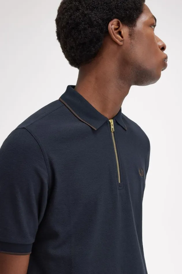 Men Polo Shirts Fred Perry Crepe Piqu Zip Neck Polo Shirt Navy